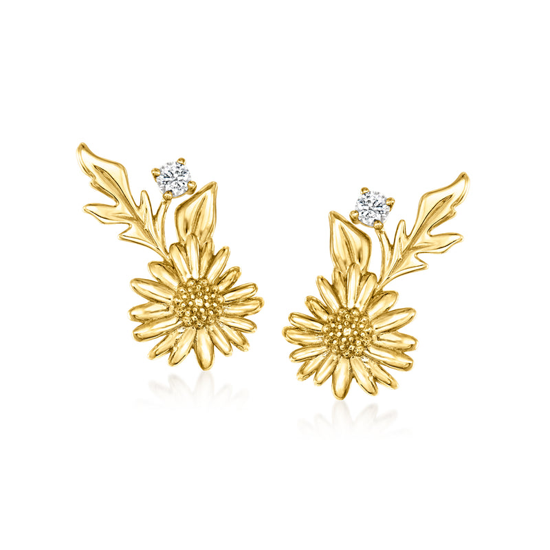 14kt yellow gold daisy flower stud earrings with white sapphire accents