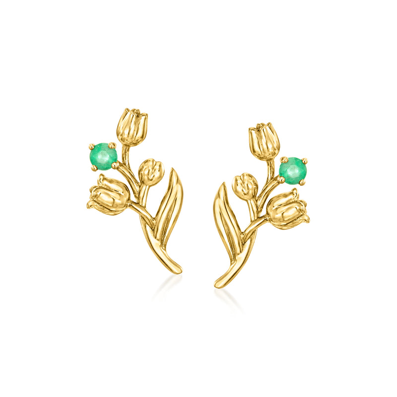 14kt yellow gold lily-of-the-valley flower earrings with green gemstones, post style
