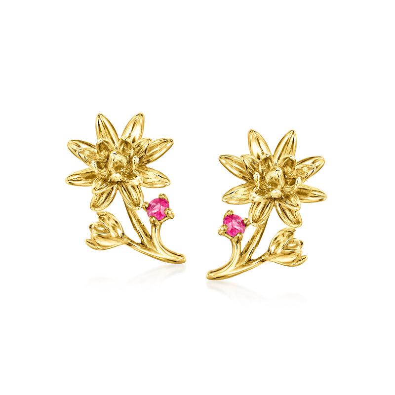 14kt yellow gold water lily flower stud earrings with pink ruby accents