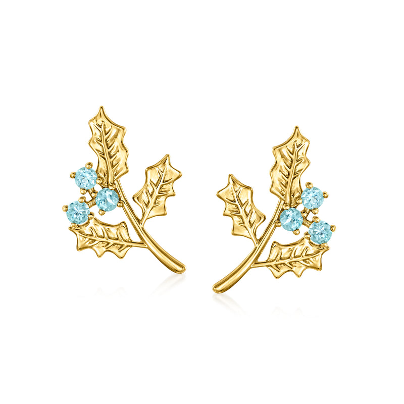 14kt yellow gold holly flower stud earrings with blue topaz clusters