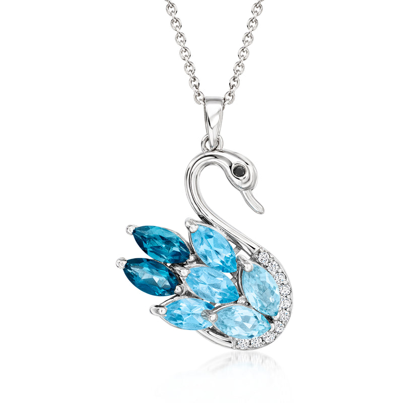 Sterling silver swan pendant necklace with blue and white topaz, black spinel eye