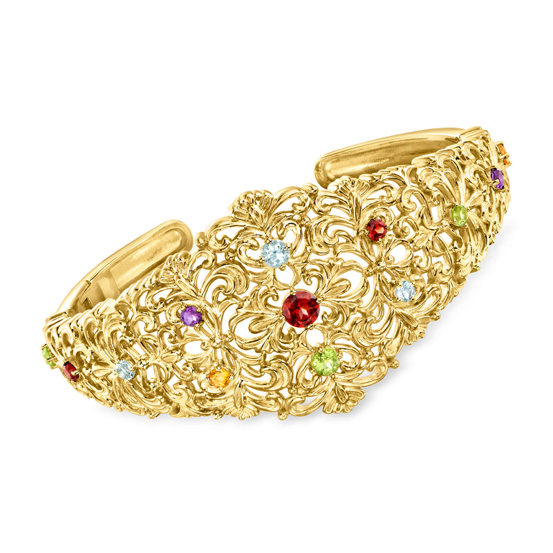 Gold over sterling scrollwork cuff bracelet with multicolor gemstones and open cuff