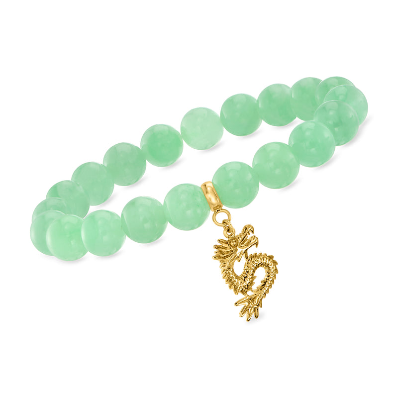 Jade bead stretch bracelet with gold dragon charm