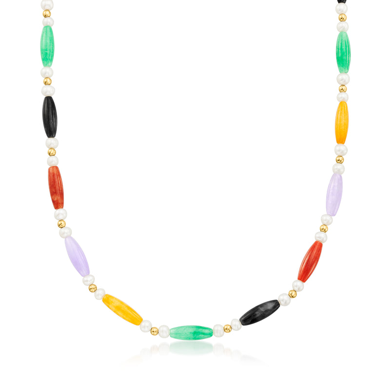 Multicolored jade bead station necklace with cultured pearls and 14kt yellow gold accents