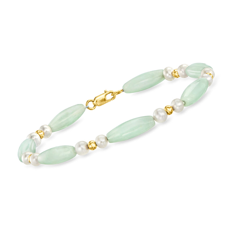 Jade bead bracelet with oval mint-green stones, cultured pearls, and 14kt yellow gold links