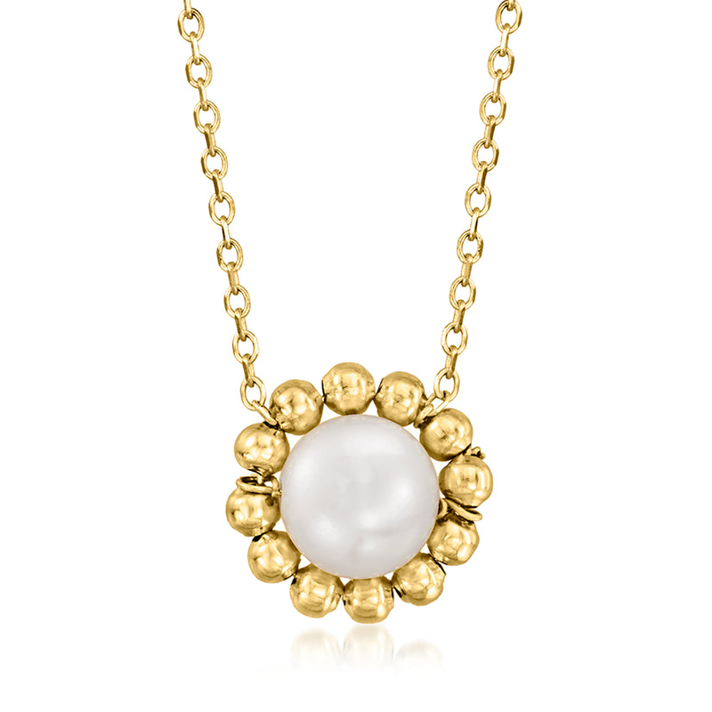 14kt yellow gold pearl bead halo pendant necklace with round white center pearl