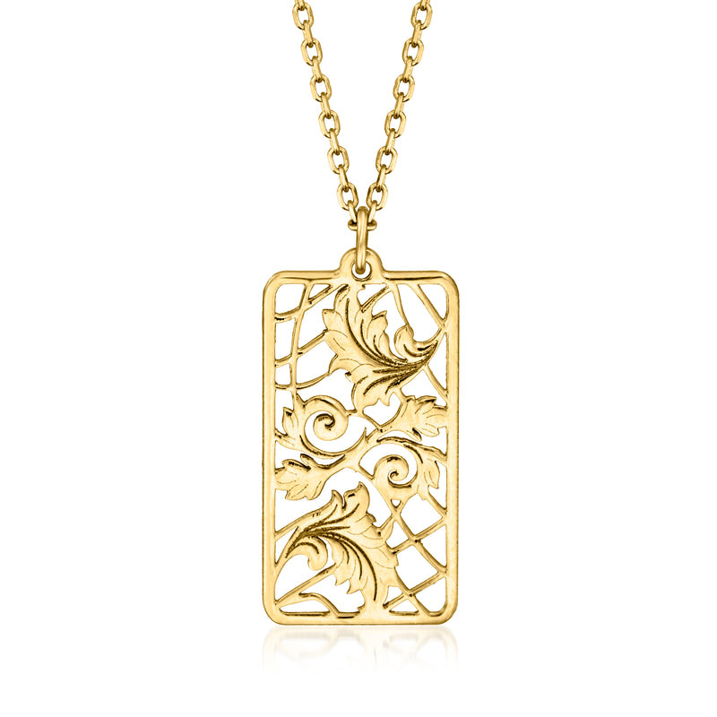 14kt yellow gold framed leaves pendant necklace with rectangular cutout design