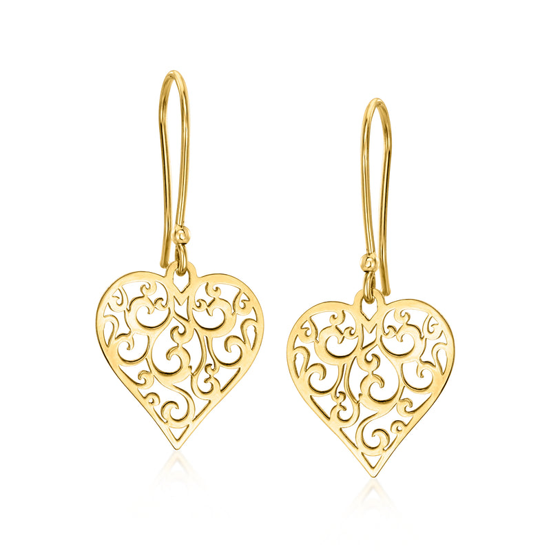 14kt yellow gold filigree heart drop earrings with earwire, openwork swirl design