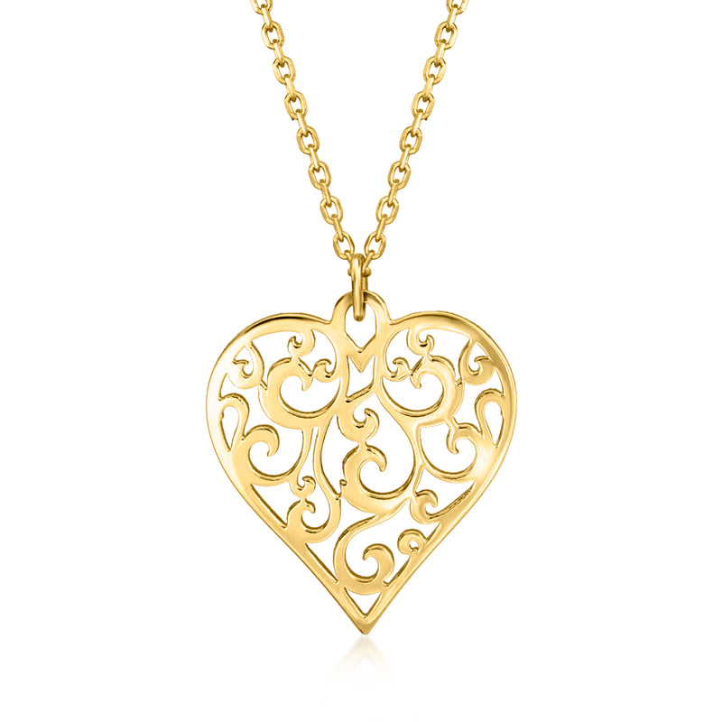 Yellow gold filigree heart necklace with openwork heart pendant