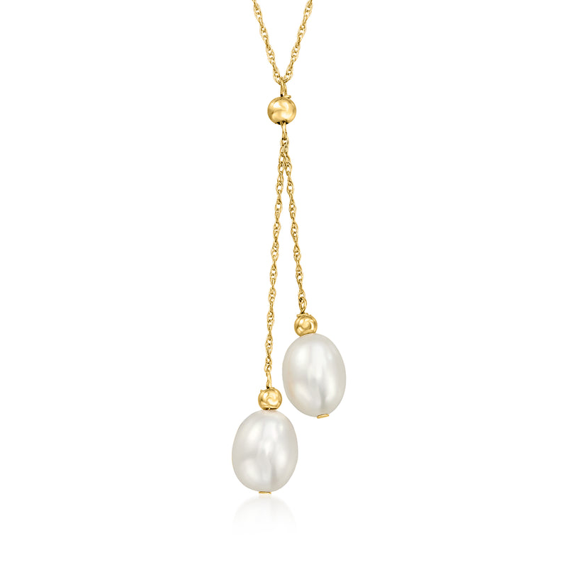 Cultured pearl double-drop necklace in 14kt yellow gold with two teardrop pearls