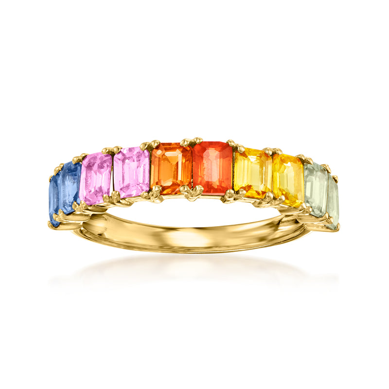 Gold sapphire ring with rectangular multicolored gemstones: purple, orange, yellow, green, blue