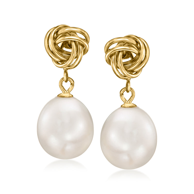 14kt yellow gold love-knot drop earrings with cultured pearl dangle, knotted top