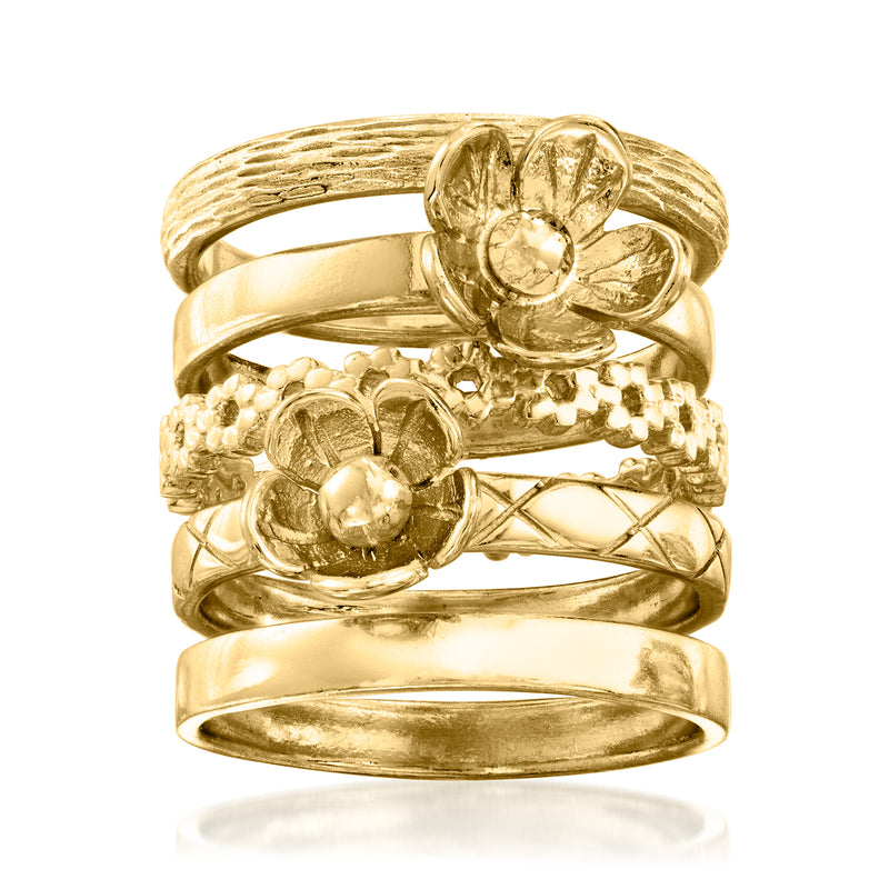 Gold over sterling stackable ring set with five floral bands
