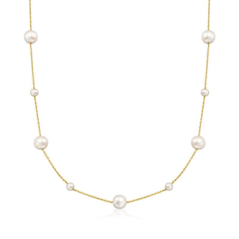 14kt yellow gold station necklace with round white cultured pearls on chain