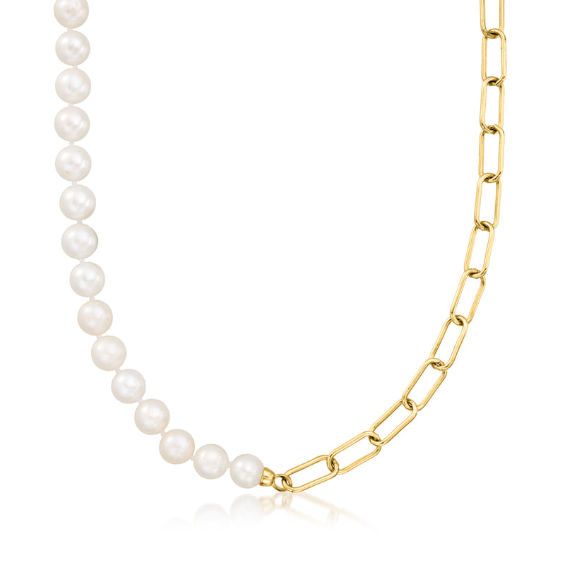 Gold paper-clip link necklace with cultured pearl strand and chain