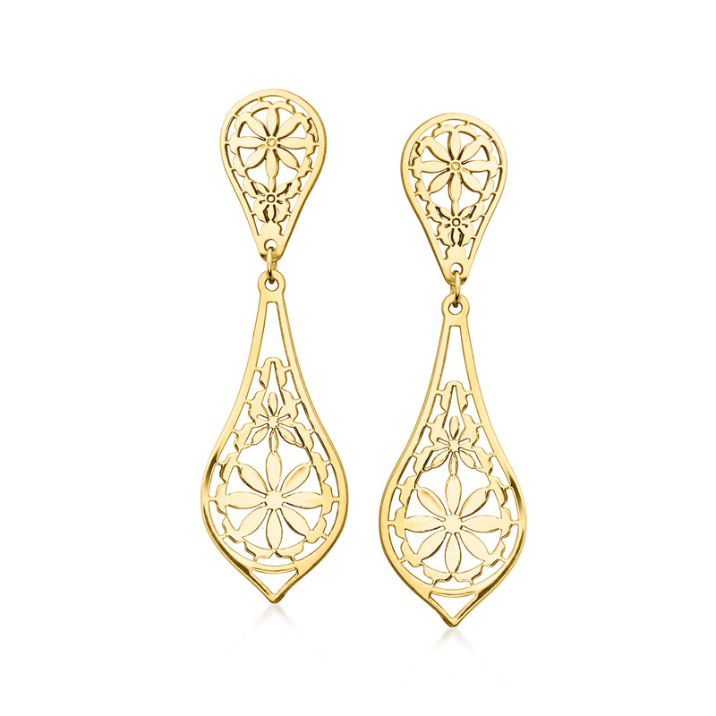 14kt yellow gold floral drop earrings, teardrop filigree with dangling flower details