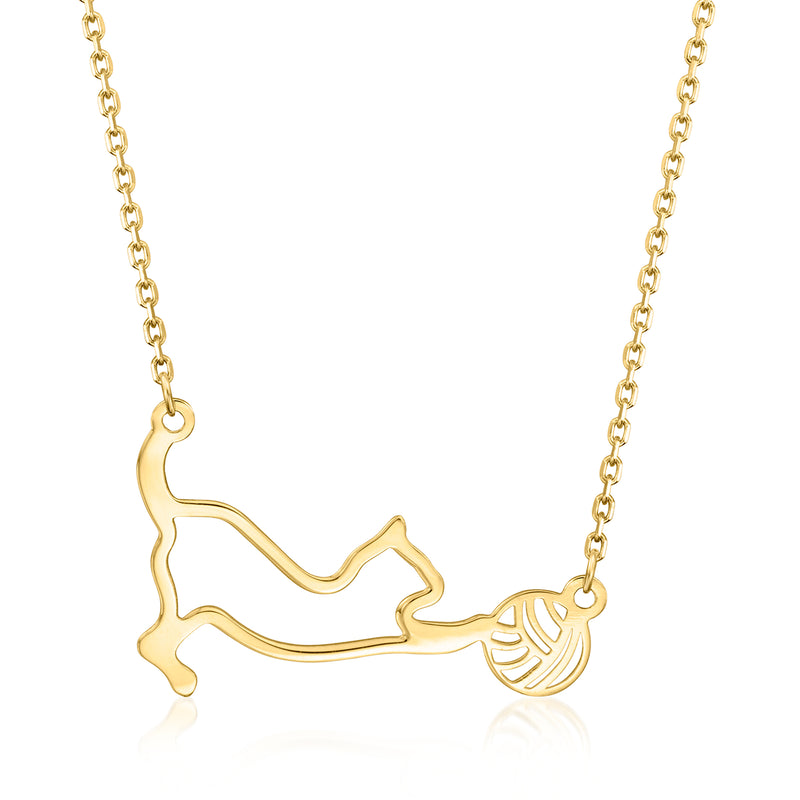 14kt yellow gold cat pendant necklace with yarn-ball charm and link chain