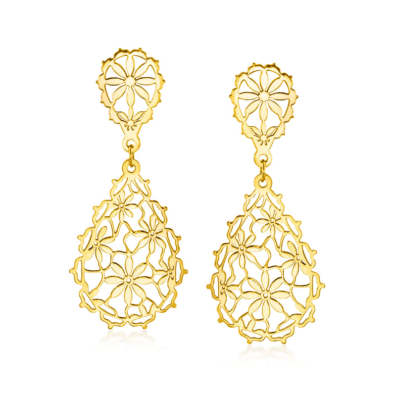 Yellow gold floral filigree drop earrings with dangling flower motifs