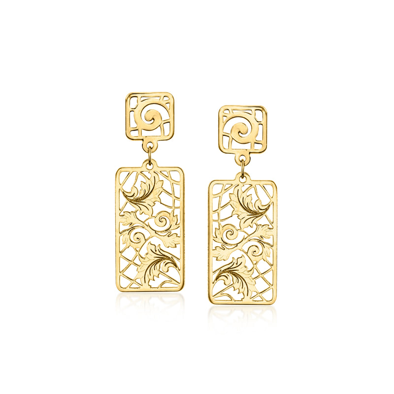 14kt yellow gold drop earrings with framed leaf filigree rectangle panels and hook backs