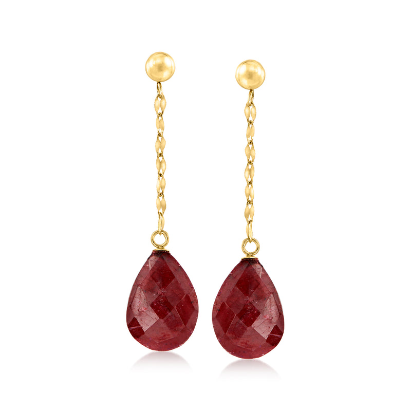 14kt yellow gold drop earrings with red teardrop ruby stones