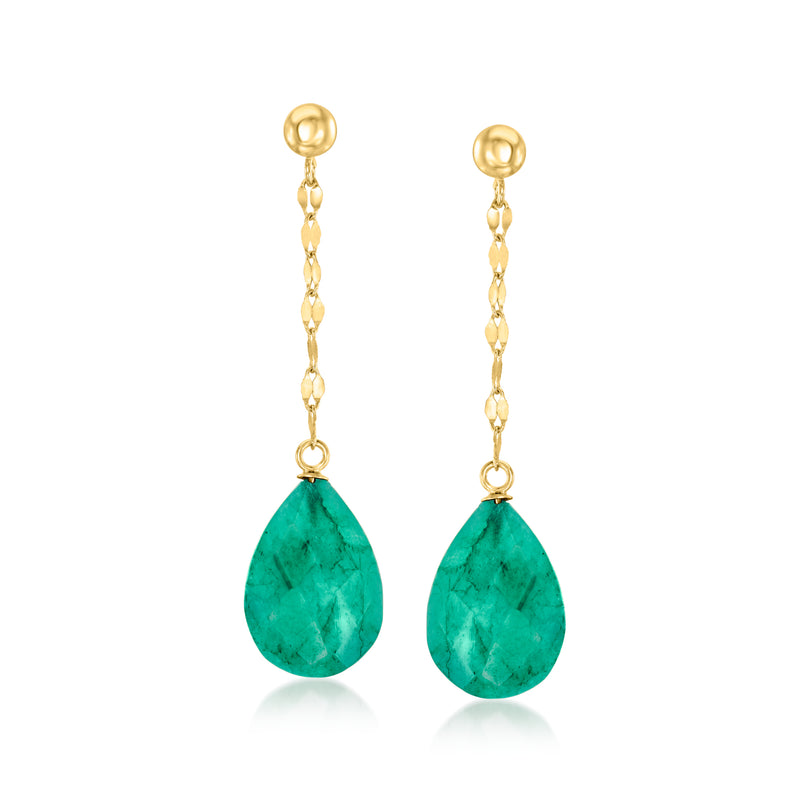 14kt yellow gold emerald drop earrings with teardrop green gemstone