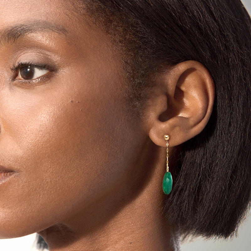 14kt yellow gold emerald drop earrings worn on ear, teardrop green stones