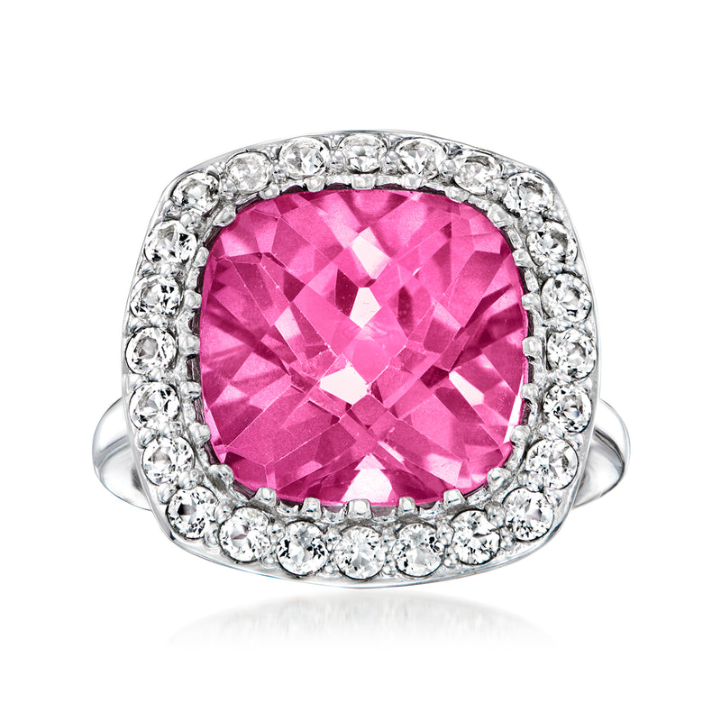 Sterling silver ring with cushion-cut pink topaz center and round white topaz halo