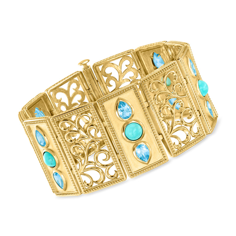 Gold-tone filigree bracelet with turquoise and blue gemstone accents