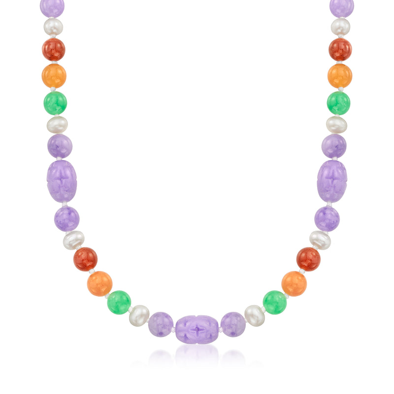 Multicolor jade and cultured pearl necklace with lavender, orange, green beads