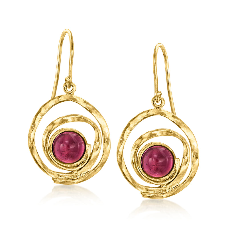 Gold swirl drop earrings with round pink garnet stones, dangle earwires
