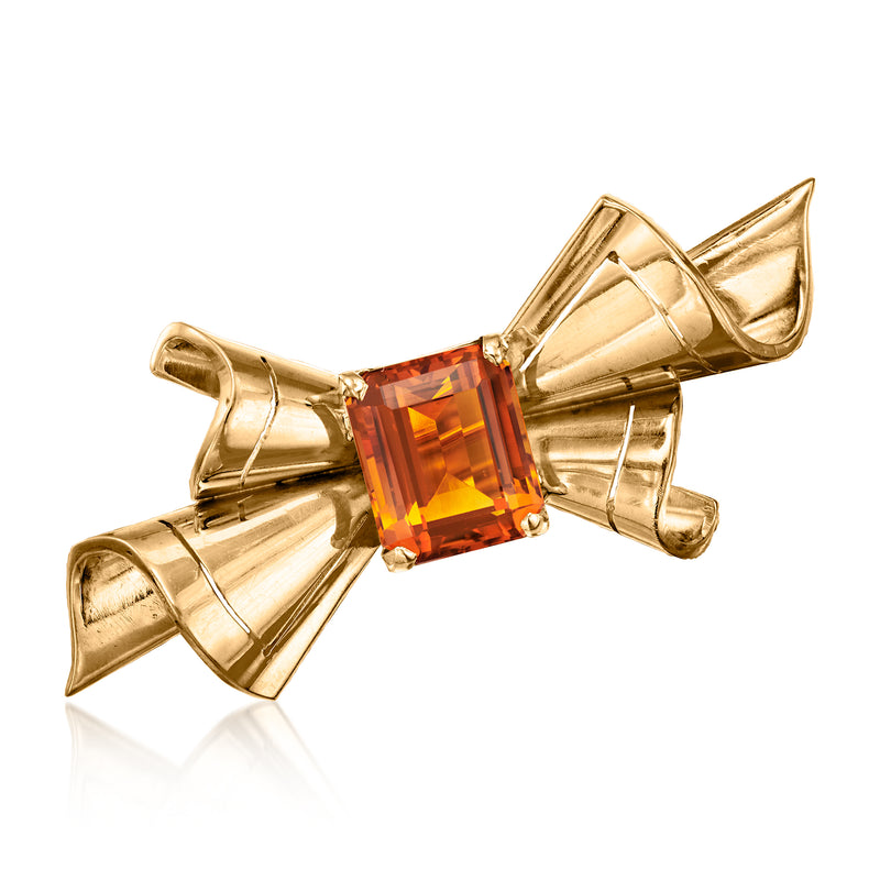 Vintage yellow gold bow pin with square citrine gemstone