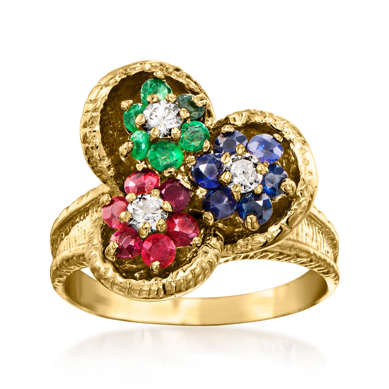 Vintage 14kt yellow gold flower ring with green, blue, pink and clear gemstones