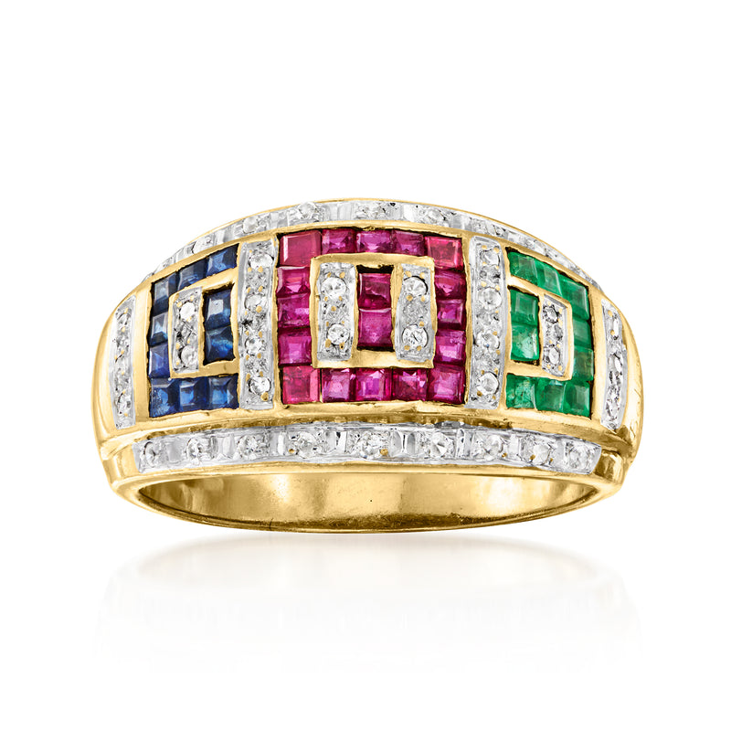14kt yellow gold multi-gemstone ring with square colorful stones and diamond accents