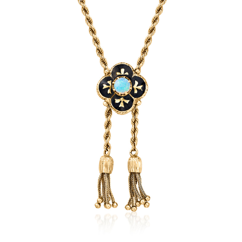 14kt yellow gold rope-chain bolo necklace with opal blue center and black enamel tassels