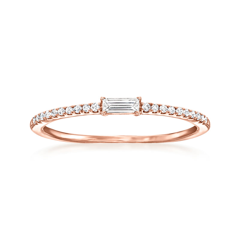 14kt rose gold diamond ring with baguette center and round stones