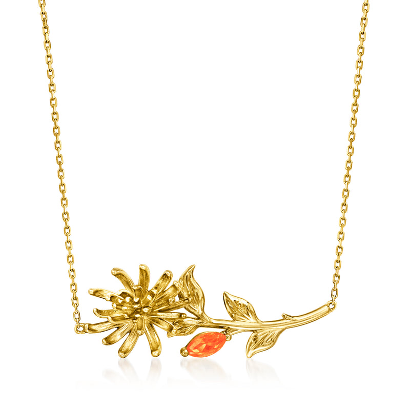 14kt yellow gold necklace with chrysanthemum flower pendant and orange gemstone, chain