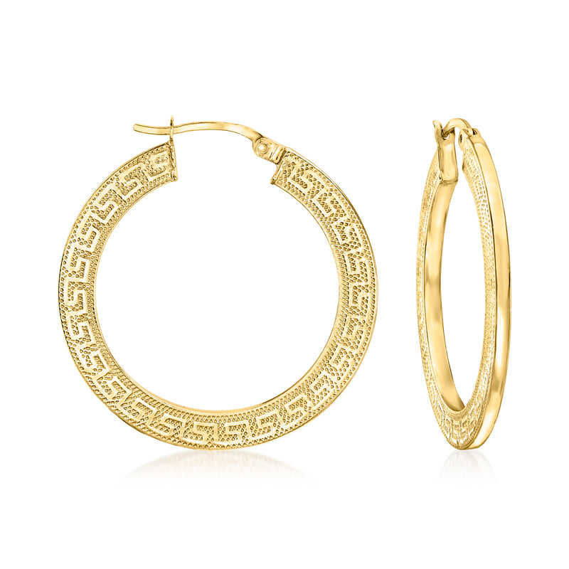 Gold-tone Greek key hoop earrings, round patterned front