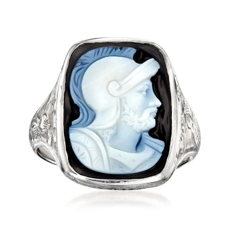 Vintage white gold cameo ring with oval black agate portrait profile