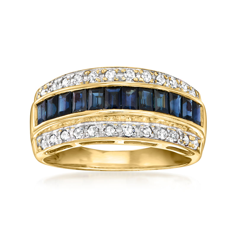 14kt yellow gold ring with dark blue sapphire band and round diamond accents