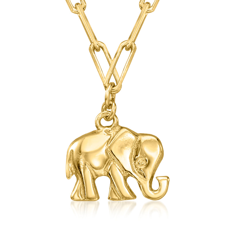 Gold elephant pendant on paper-clip link chain necklace