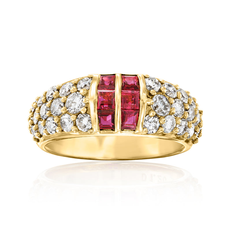Vintage 18kt yellow gold diamond ring with vertical ruby center and pavé sides