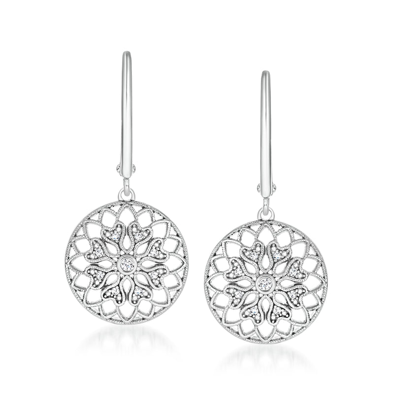 Sterling silver openwork disc drop earrings with round floral filigree and leverbacks