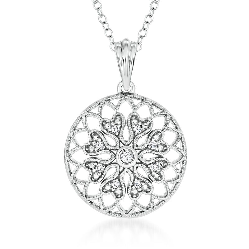 Sterling silver openwork round disc pendant necklace with floral motif and center diamond