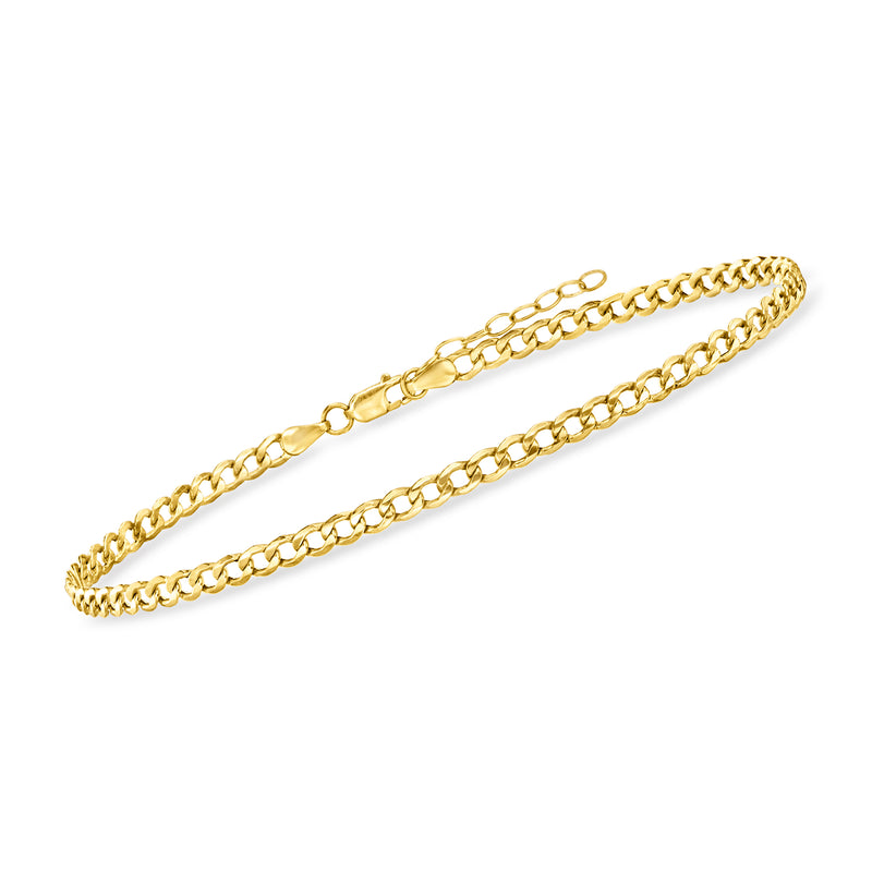 Yellow gold curb-link anklet with polished chain links