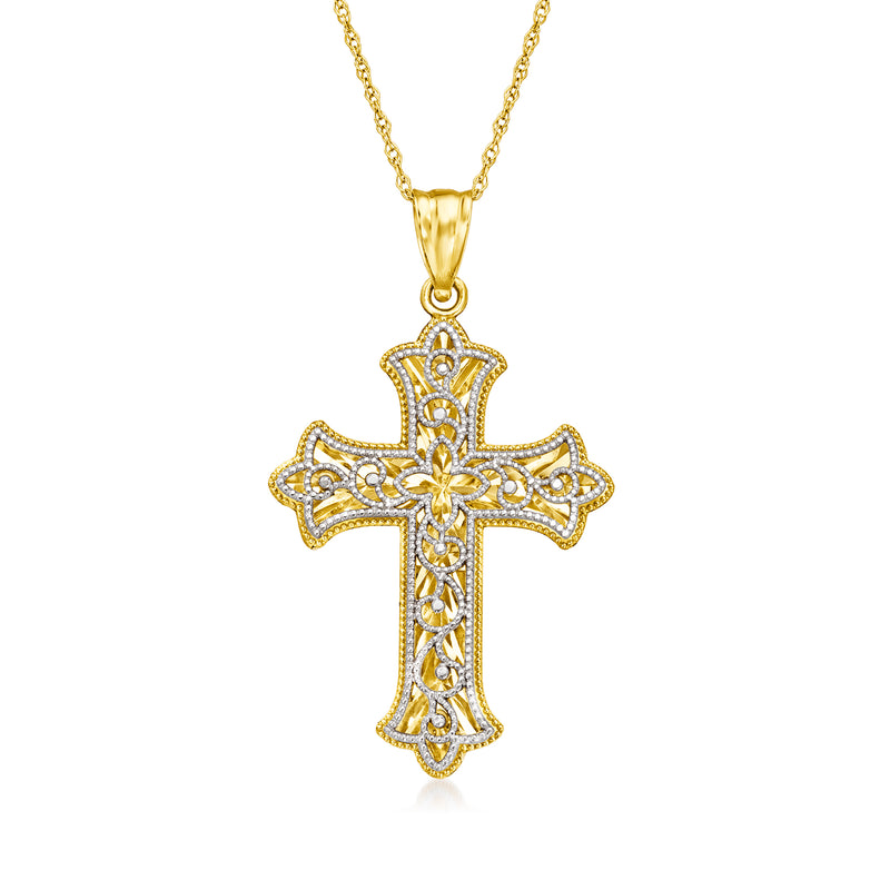 Two-tone 14k gold milgrain cross pendant necklace with polished chain and bail