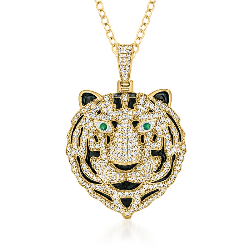 Diamond tiger head pendant necklace with green enamel eyes, black accents, gold chain