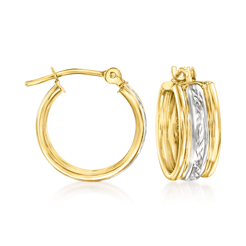 14kt two-tone gold hoop earrings with silver-toned stripe and hinged closure