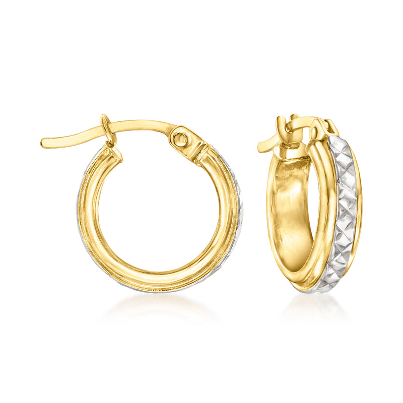 Two-tone 14kt gold hoop earrings with hinged clasp and silver inner accent