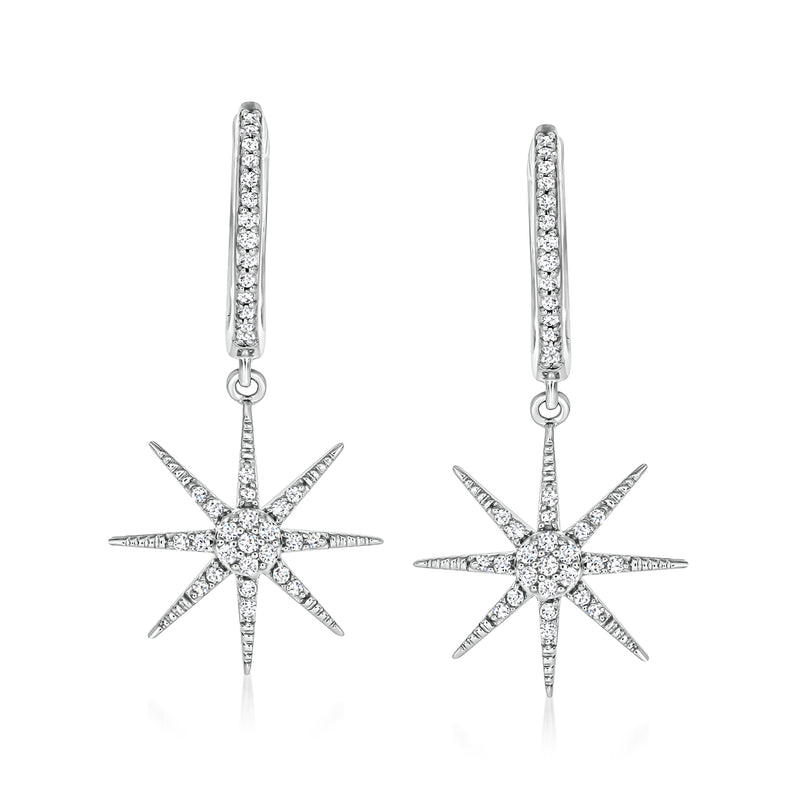 Sterling silver starburst hoop drop earrings with crystal-like diamond detailing