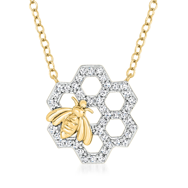 Sterling silver honeycomb pendant necklace with gold bumblebee and diamond accents